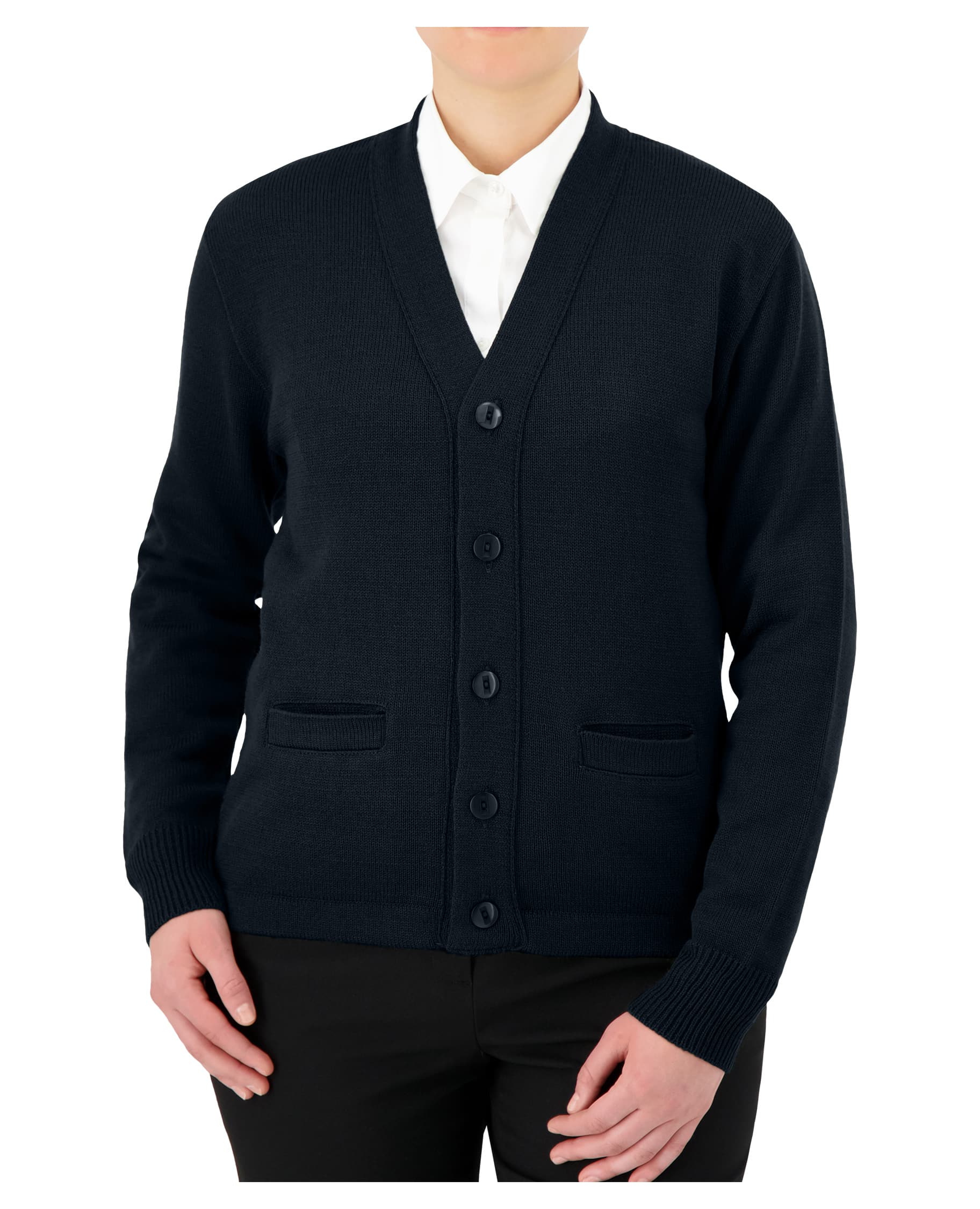 navy v-neck button down cardigan with buttons