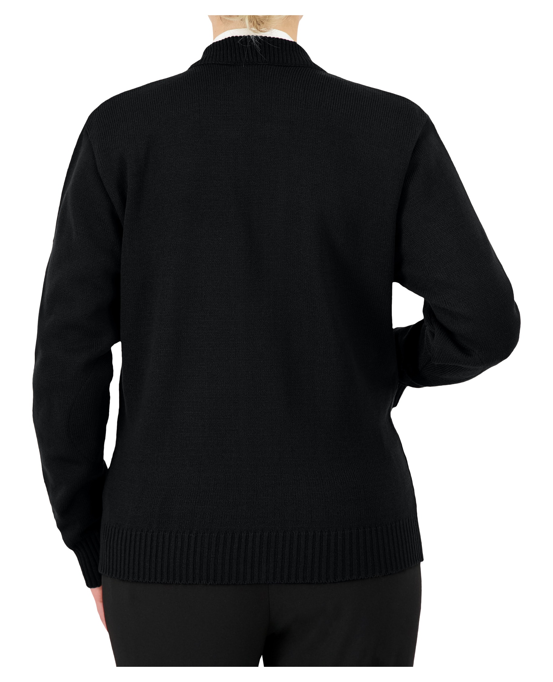 back of black zip up sweater with pockets