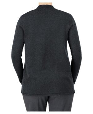 back of dark grey open front mid length cardigan