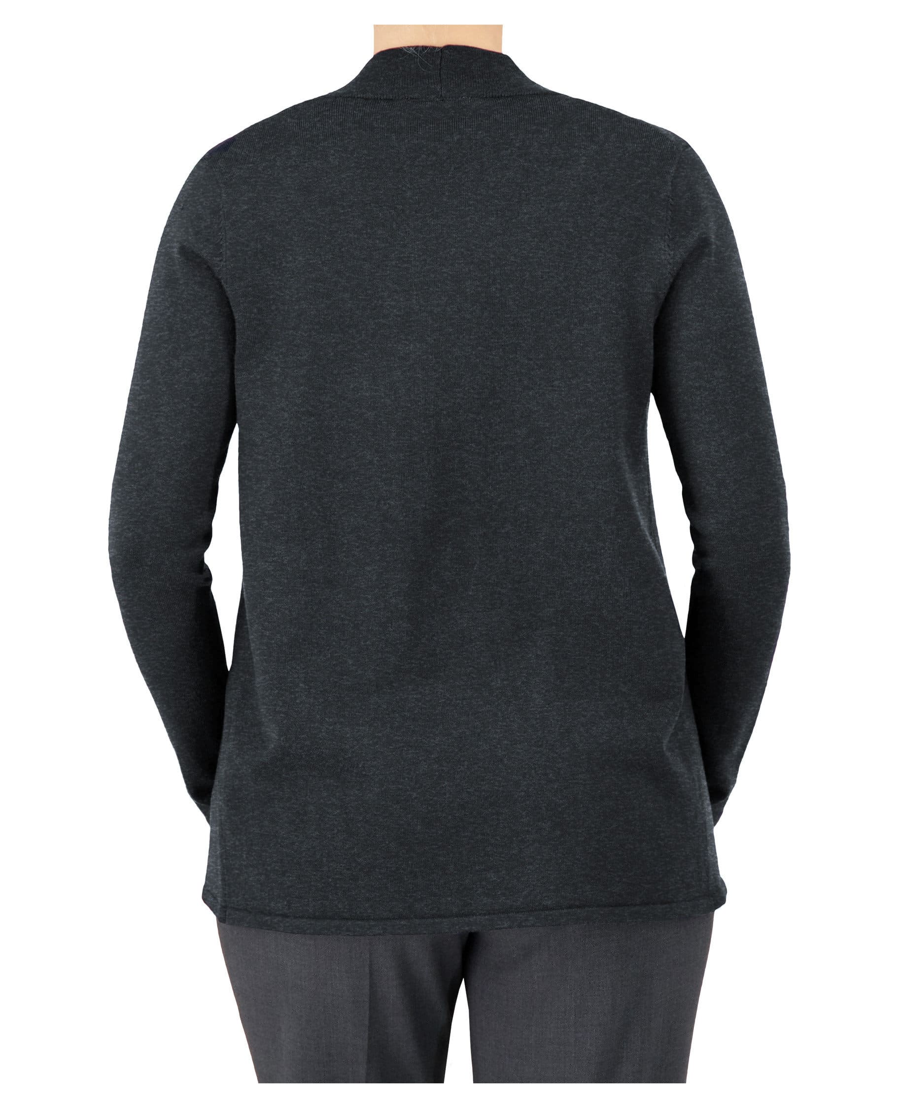 back of dark grey open front mid length cardigan 
