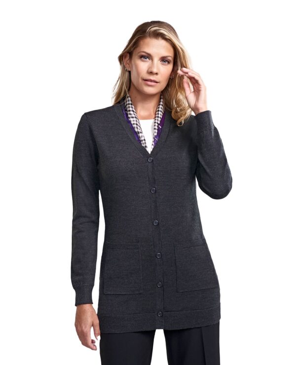 Woman in grey long v-neck button down cardigan