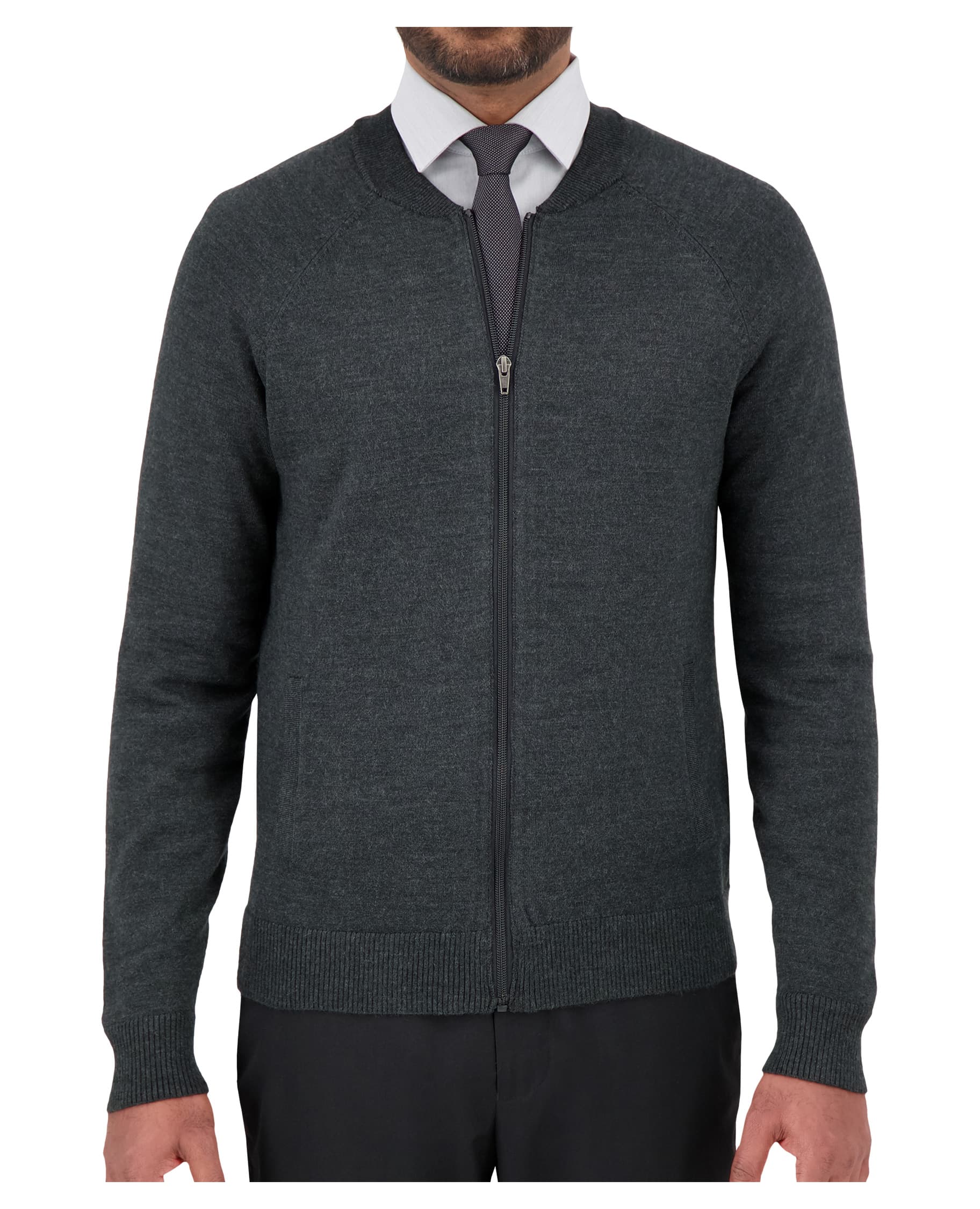 grey full zip uniform sweater