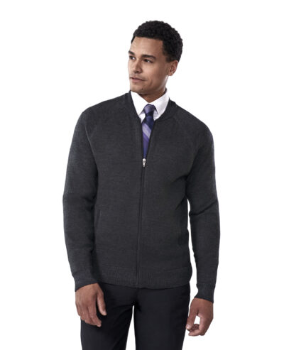 man in grey full zip knit sweater