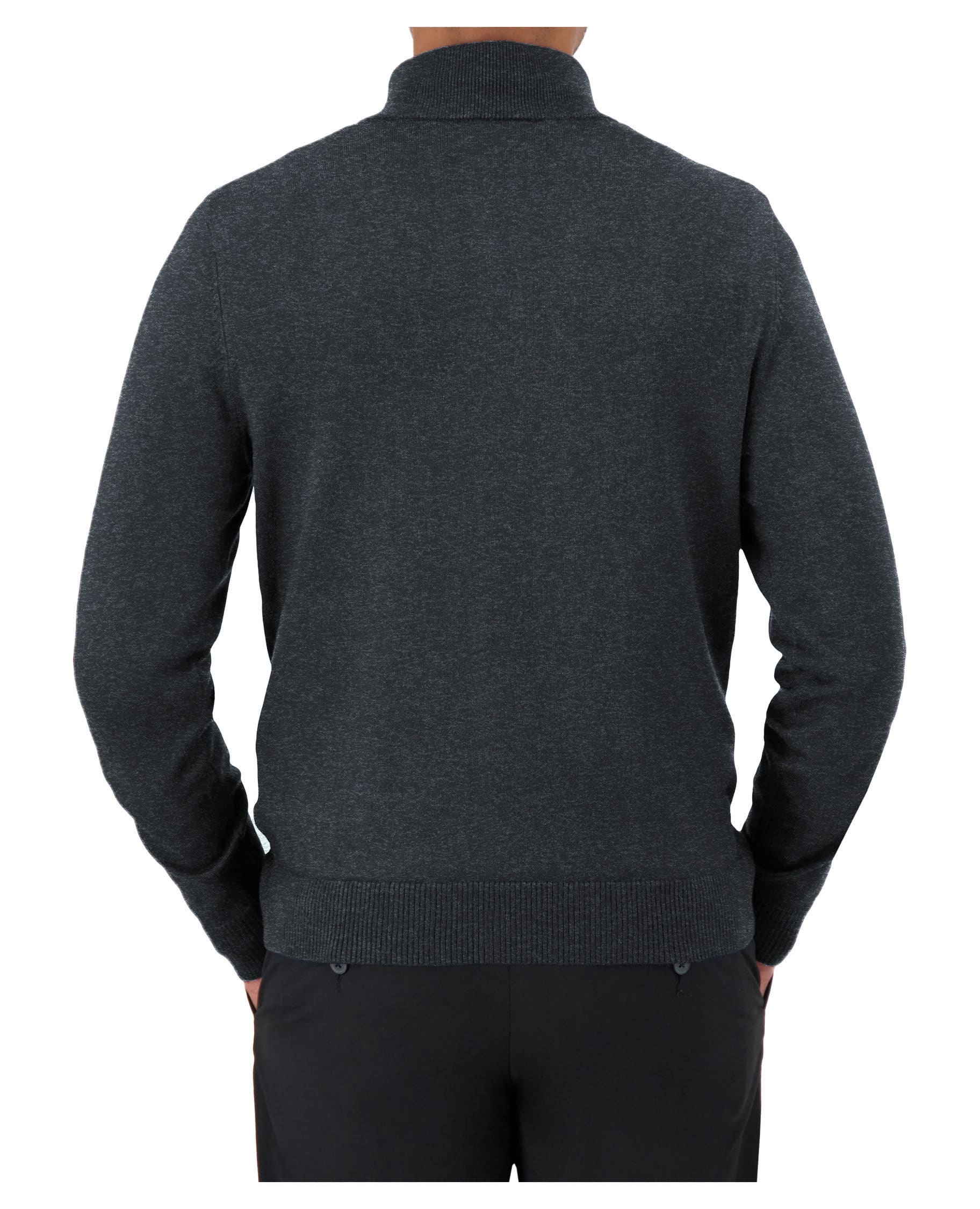 back of dark greay mock neck quarter zip long sleeve sweater 