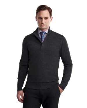 Man in grey quarter zip pullover sweater