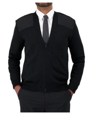 black v-neck zip up sweater with shoulder and elbow patches