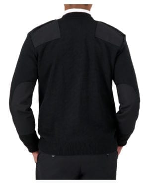 back of black v-neck zip up sweater with shoulder and elbow patches