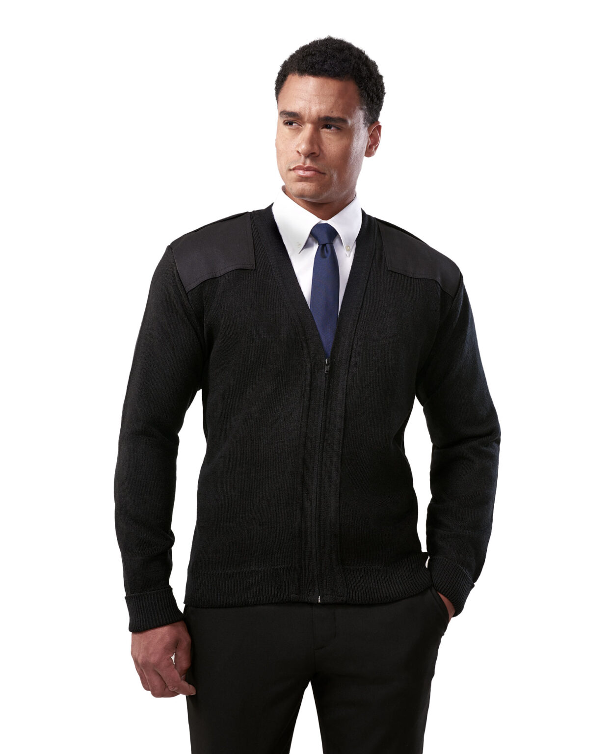 man in black v-neck zip up sweater with shoulder patches