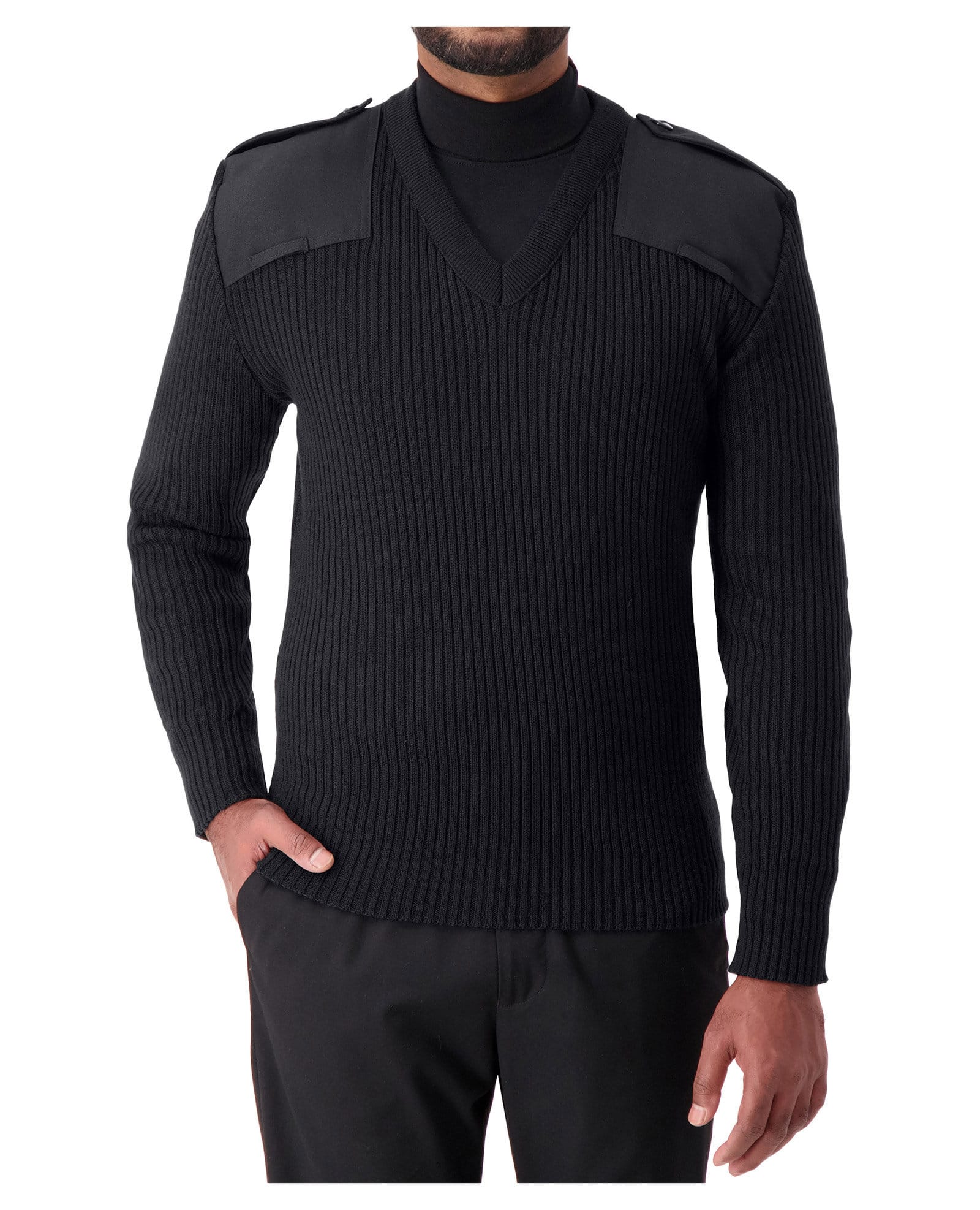 thick black v-neck knit sweater with shoulder and elbow patches 