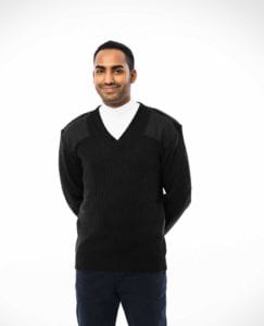 man in black v-neck sweater with shoulder and elbow patches