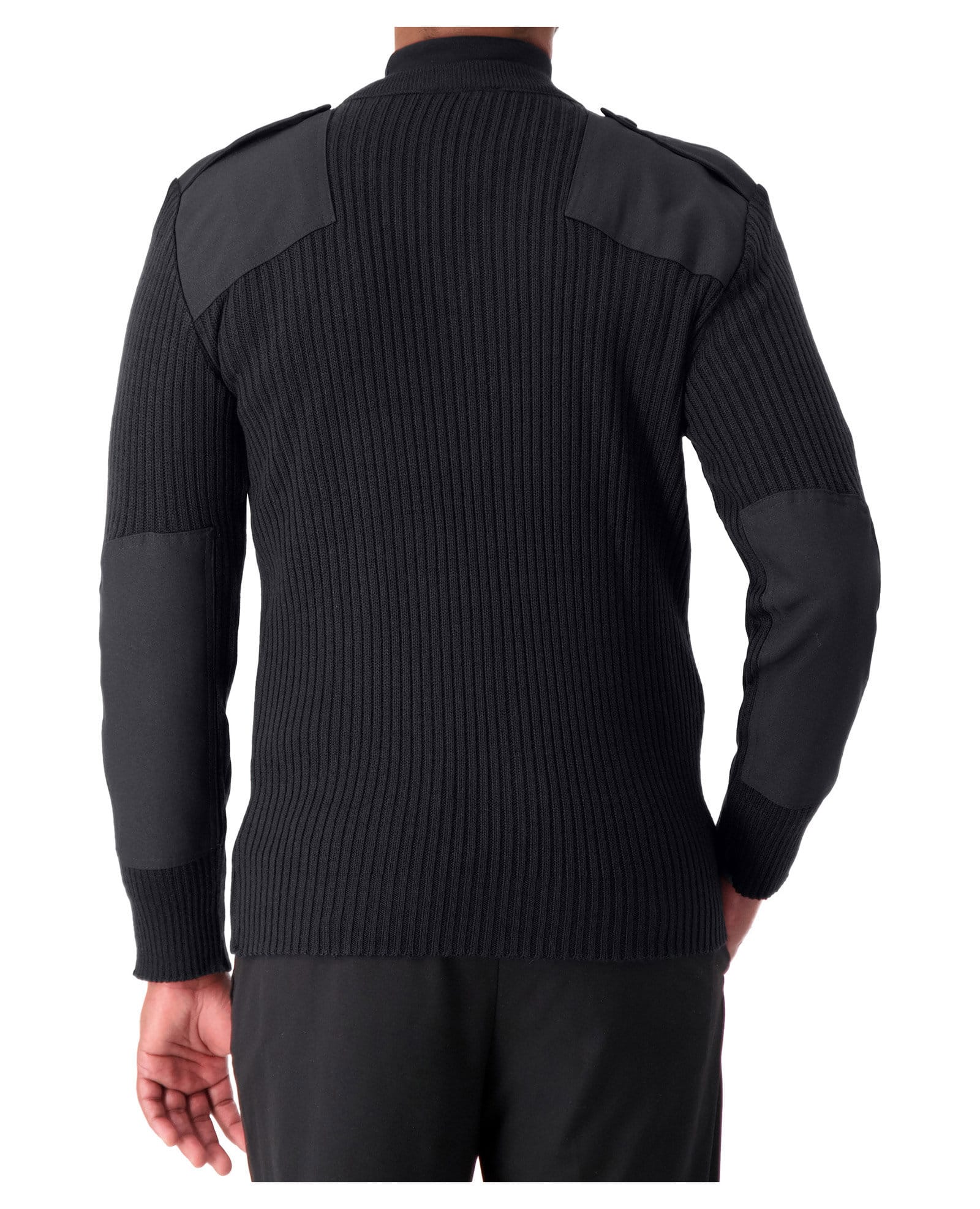 back of thick black v-neck knit sweater with shoulder and elbow patches
