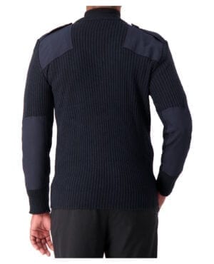 back of thick navy v-neck knit sweater with shoulder and elbow patches