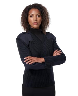 thick navy v-neck knit sweater with shoulder and elbow patches