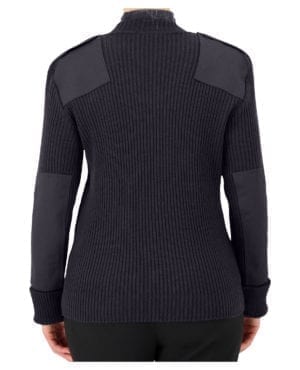 back of navy v-neck sweater with shoulder and elbow patches