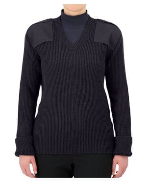 navy v-neck sweater with shoulder and elbow patches