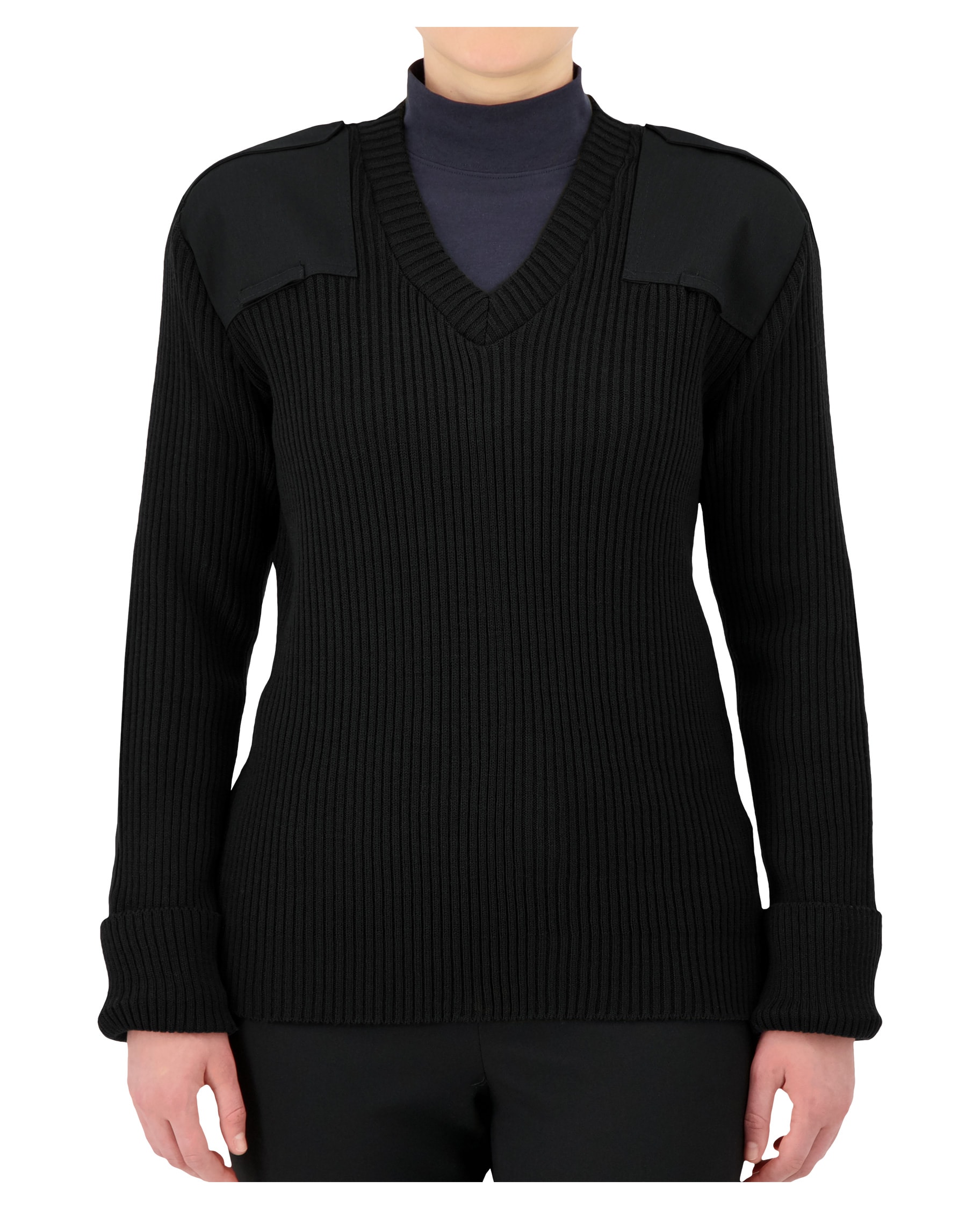 black v-neck sweater with shoulder and elbow patches