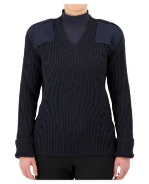 blue v-neck sweater with shoulder and elbow patches