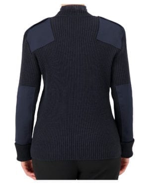 back of blue v-neck sweater with shoulder and elbow patches