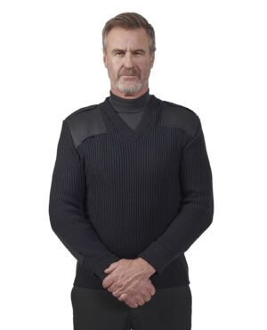 Man in black v-neck knit sweater with shoulder and elbow patches