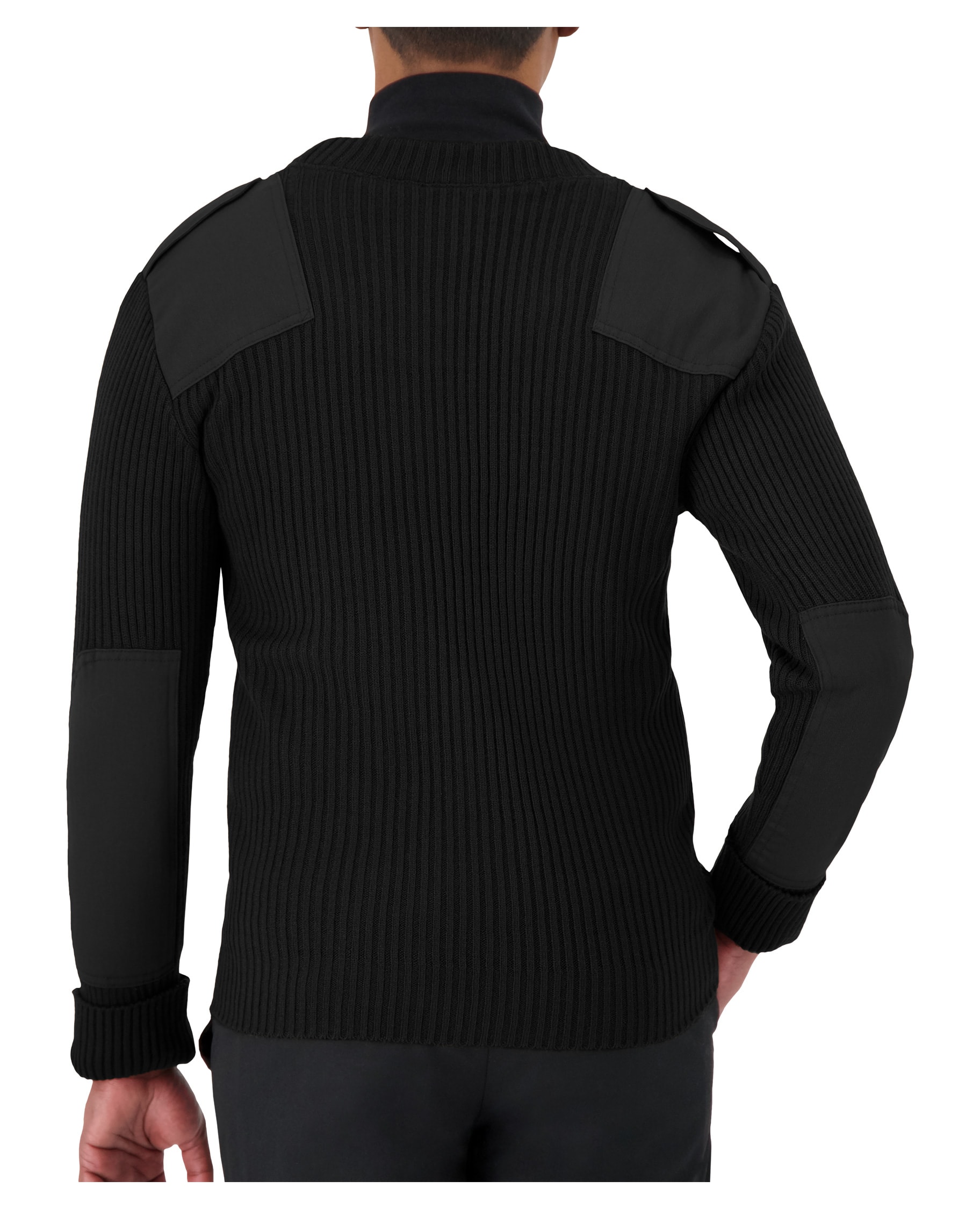 back of crew neck sweater with shoulder and elbow patches