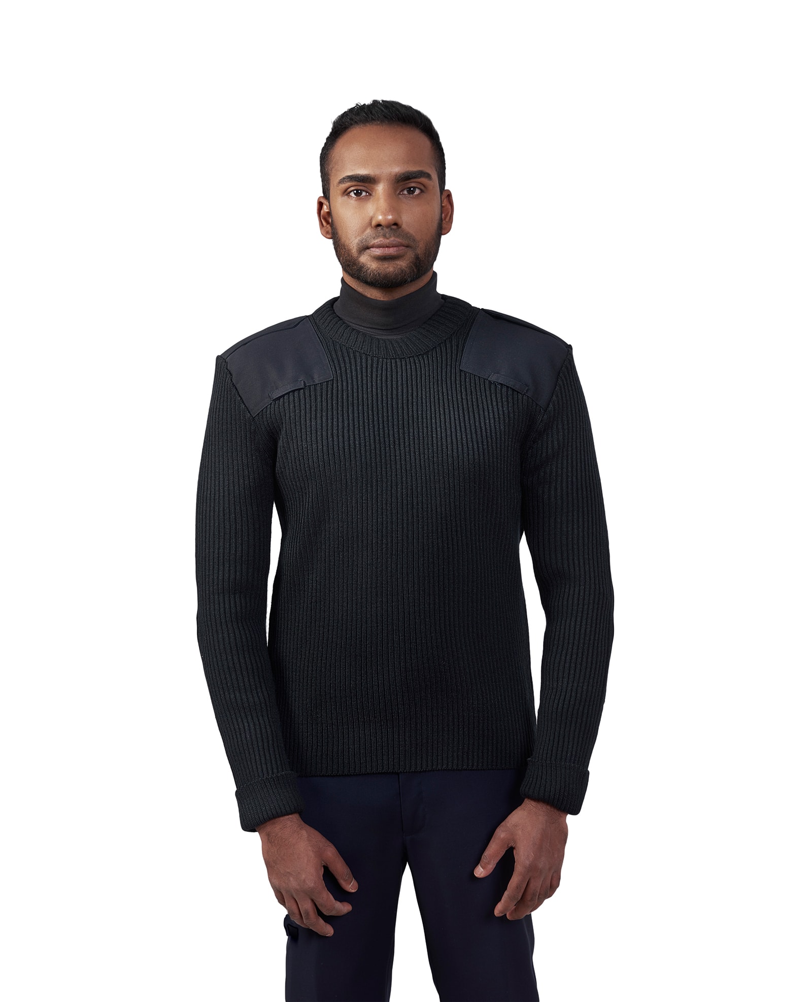 man in crew neck sweater with shoulder and elbow patches