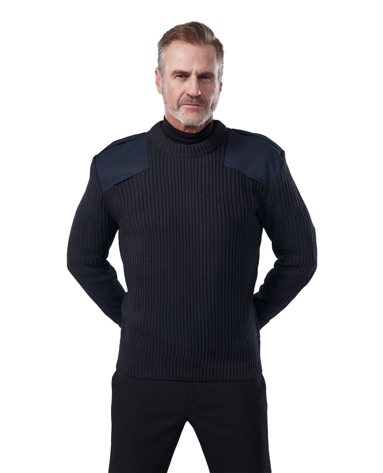 man in thick navy crew neck sweater with shoulder and elbow patches