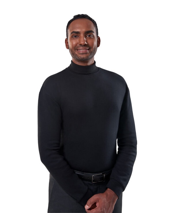 man in black mock neck knit sweater