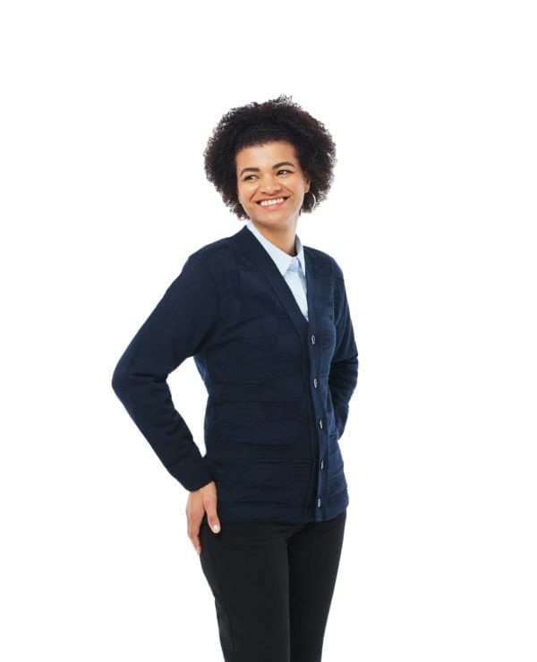 woman wearing v-neck button down cardigan