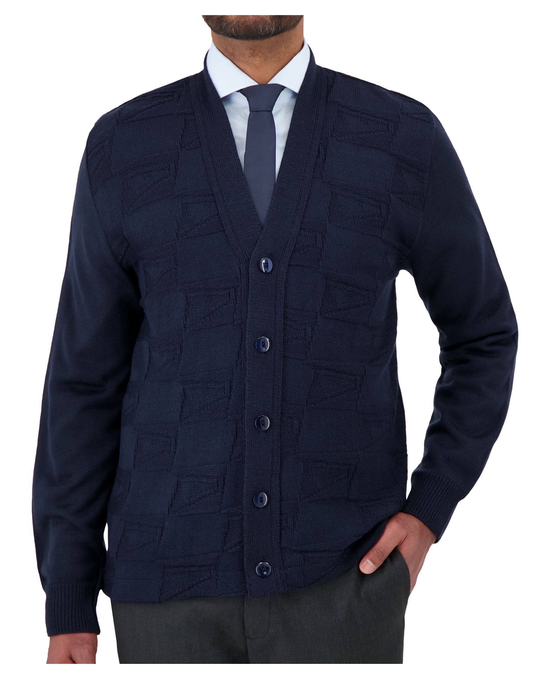 blue v-neck button down uniform cardigan