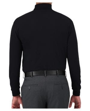 back of black mock neck sweater
