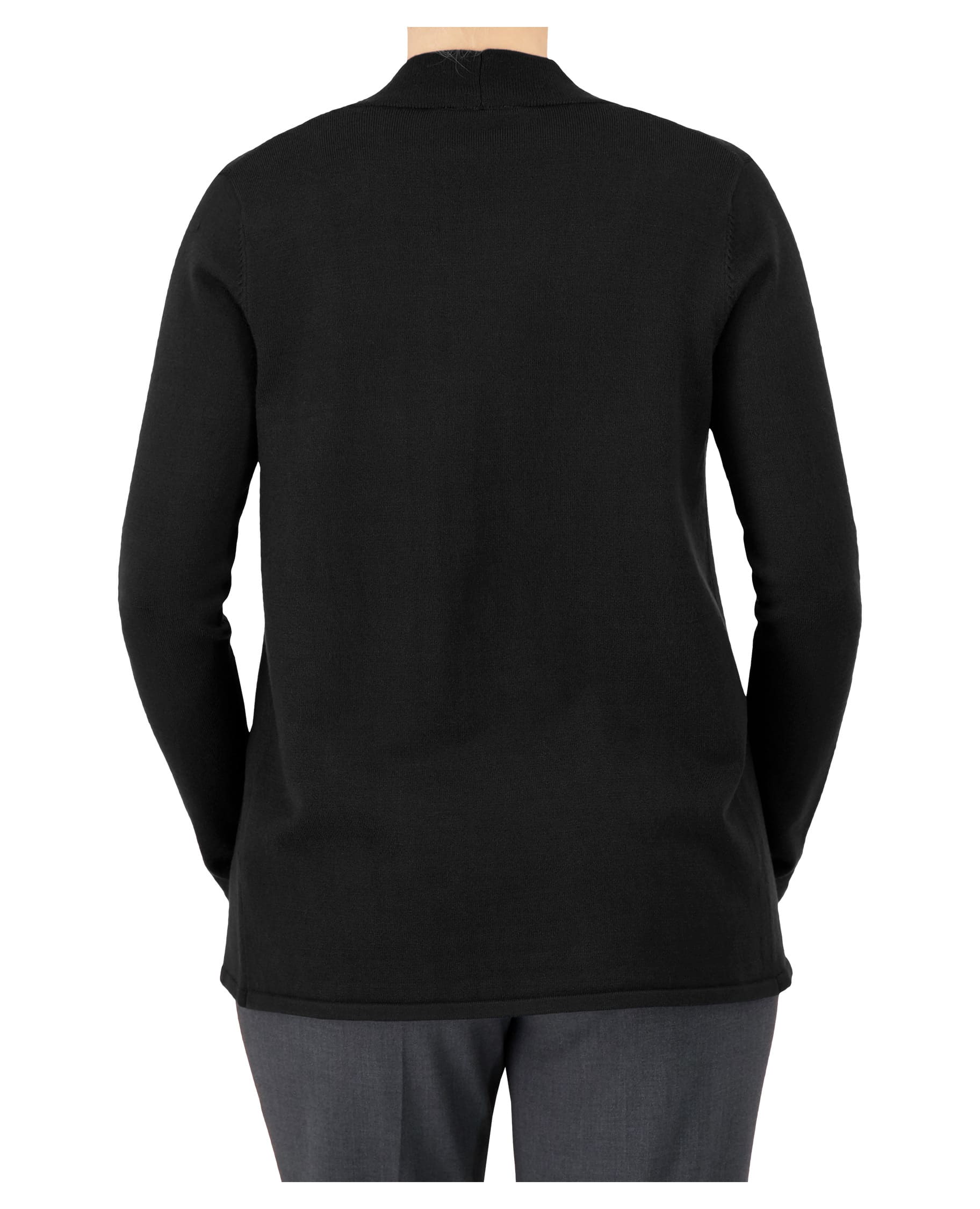 back of black open front cardigan