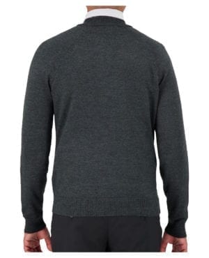 back of mock neck grey zip up uniform sweater
