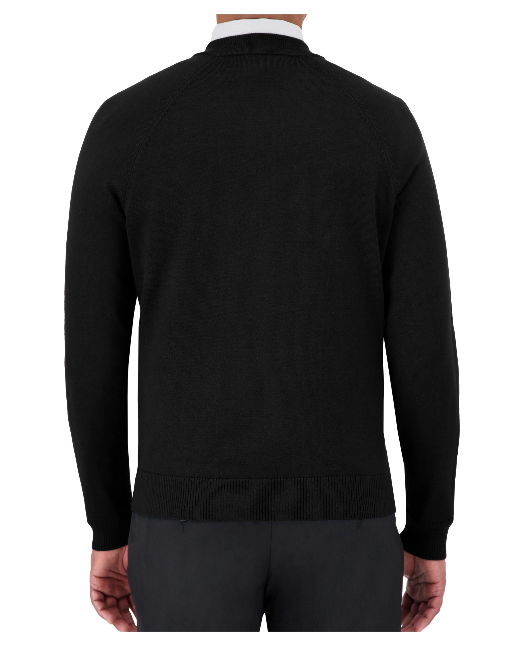 back of black crew neck zip up uniform sweater