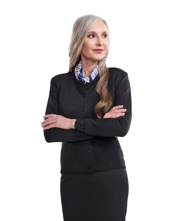 woman in black full button down knit cardigan
