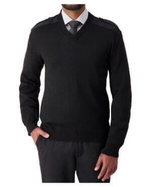 black v-neck knit sweater with shoulder and elbow patches