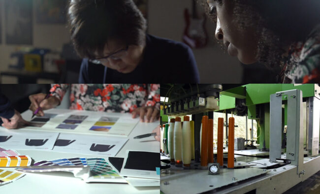 Production workers looking don | looking at color swatches and sweater designs | image of manufacturing 