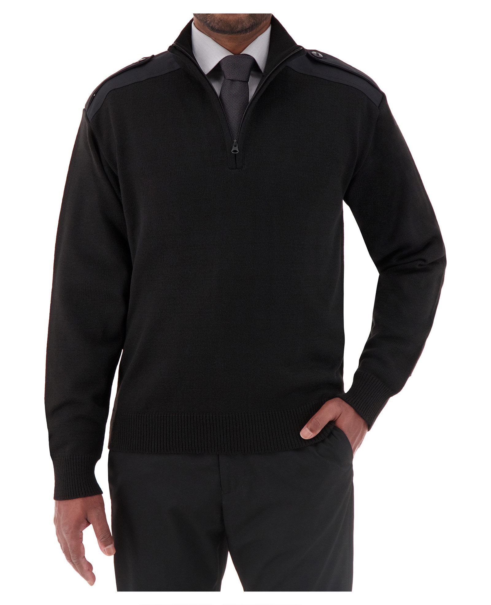 black quarter zip mock neck sweater with shoulder patches 
