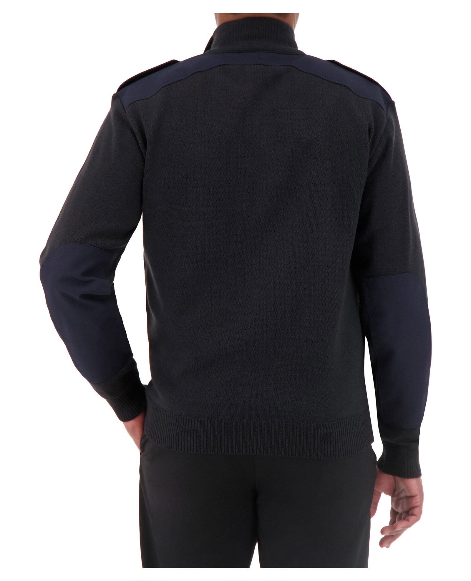 back of navy quarter zip mock neck sweater with shoulder patches 