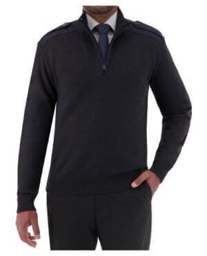 navy quarter zip mock neck sweater with shoulder patches