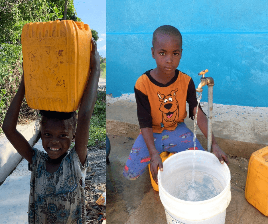Kids filling and carrying water containers