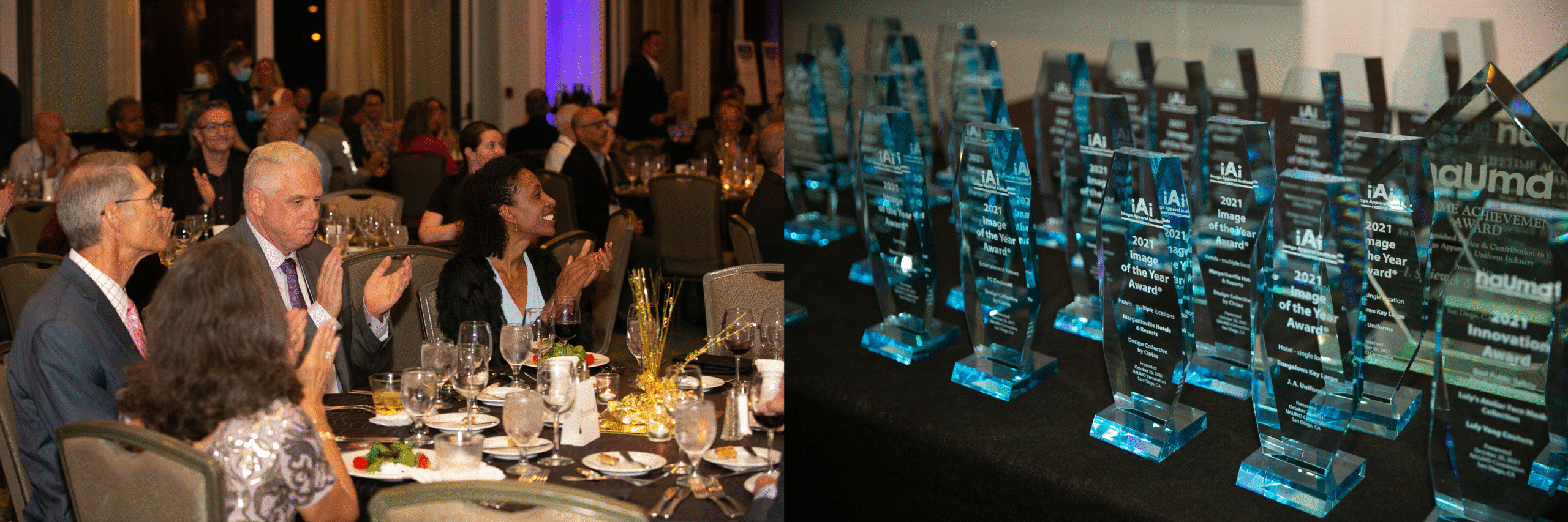 NAUM wards on table - award show guests clapping