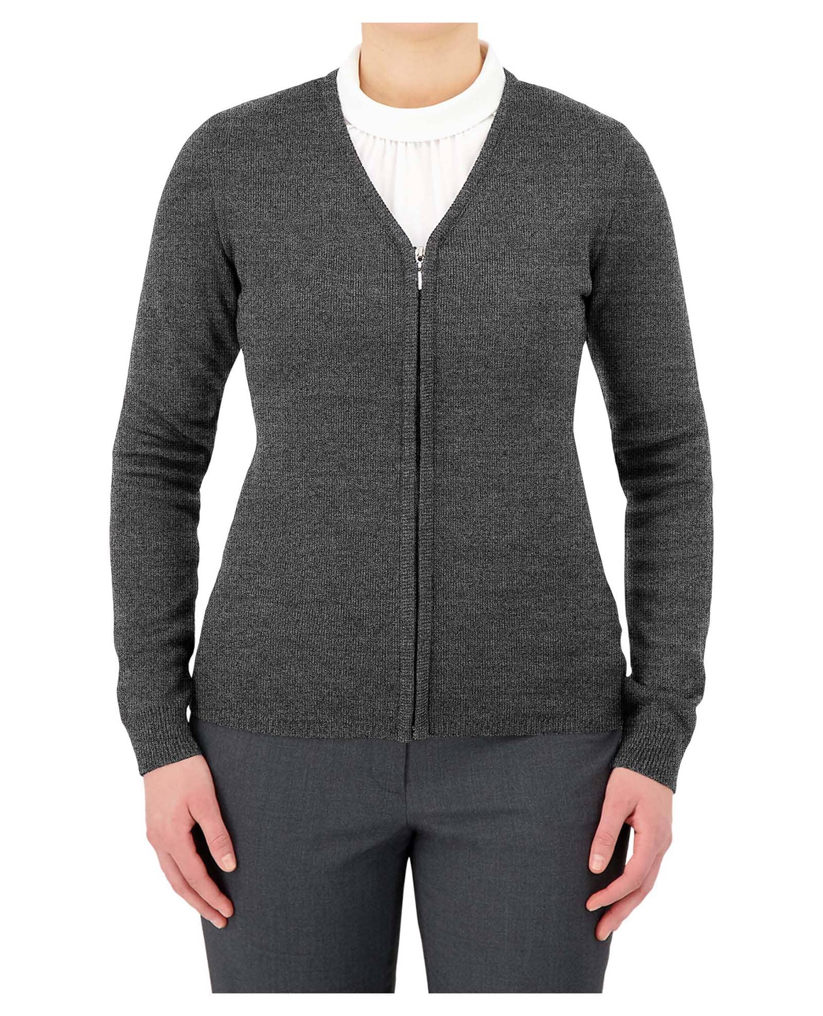 grey full zip uniform sweater