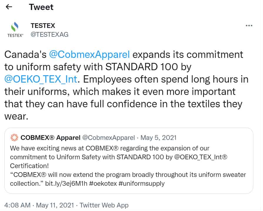 Tweet about Cobmex OEKO-TEX certification